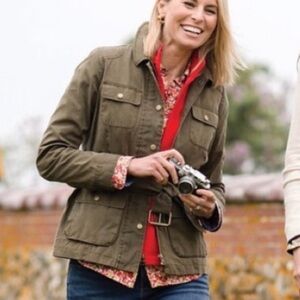 Talbots Military Style Belted Utility Jacket Size M Olive Green Pockets Coated
